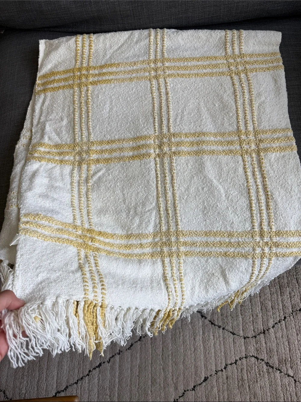 Cream Throw Blanket with Mustard Grid and Fringe